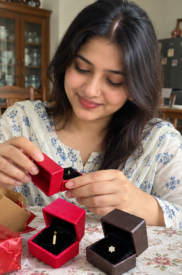 নাকফুলের বক্স আনবক্স করছেন নারী